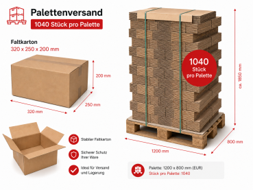 Palettenversand - 1040 Stück pro Palette - Faltkarton 320 x 250 x 200 mm